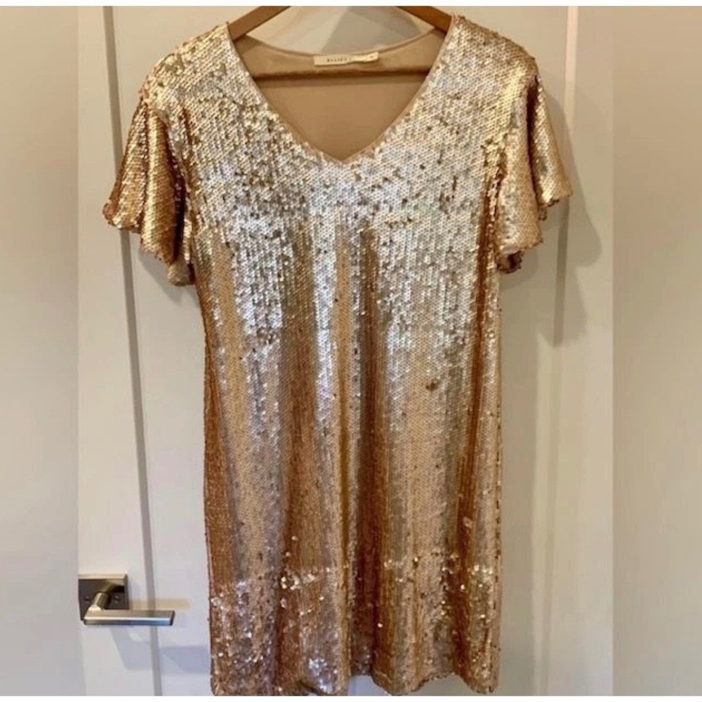 Ellison Rose Gold Sequin V-Neck Flutter Sleeve Mini Shift Dress large